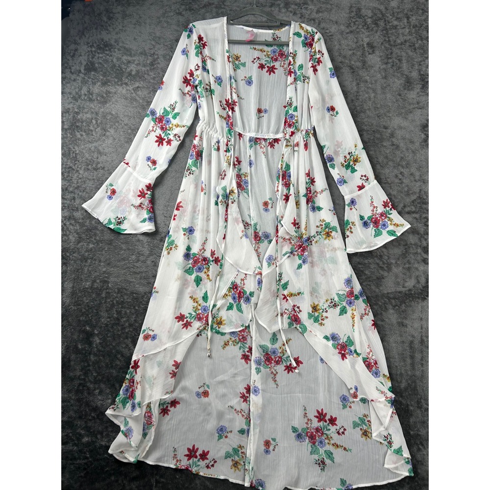 No Boundaries Ivory Floral Sheer Duster Cardigan Bell Sleeve Medium